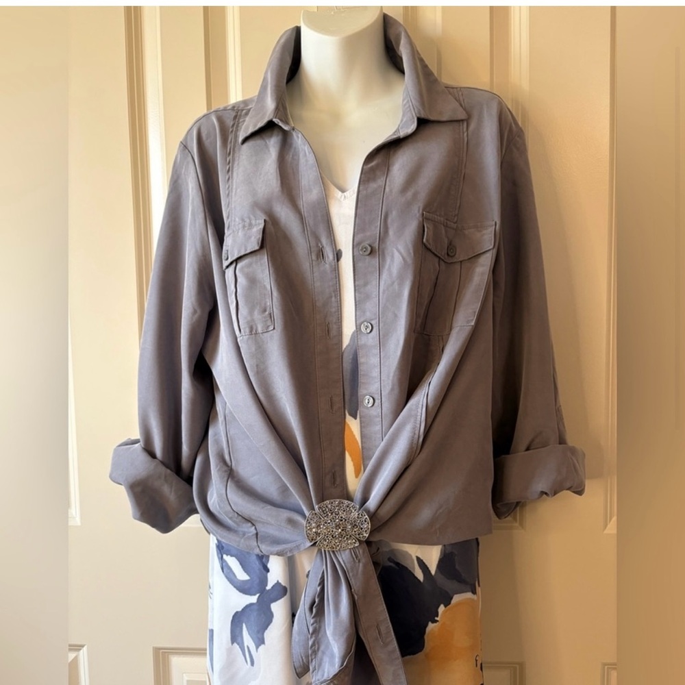 Gray Button-Up Shirt with Tie Front - Picture 2 of 7